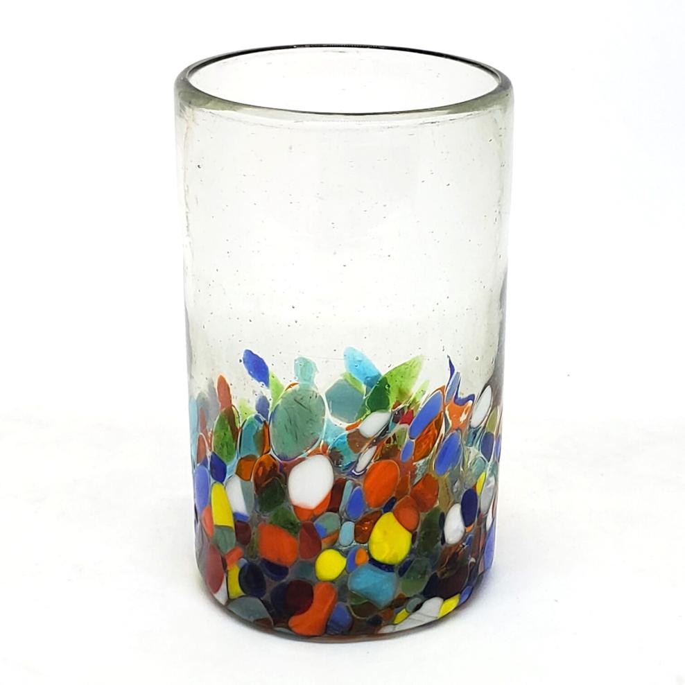 Sale Items / Clear & Confetti 14 oz Drinking Glasses  / Our Clear & Confetti drinking glasses combine the best of two worlds: clear, thick, sturdy handcrafted glass on top, meets the colorful, festive, confetti bottom! These glasses will sure be a standout in any table setting or as a fabulous gift for your loved ones. Crafted one by one by skilled artisans in Tonala, Mexico, each glass is different from the next making them unique works of art. You'll be amazed at how they make having a simple glass of water a happier experience. Made from eco-friendly recycled glass.